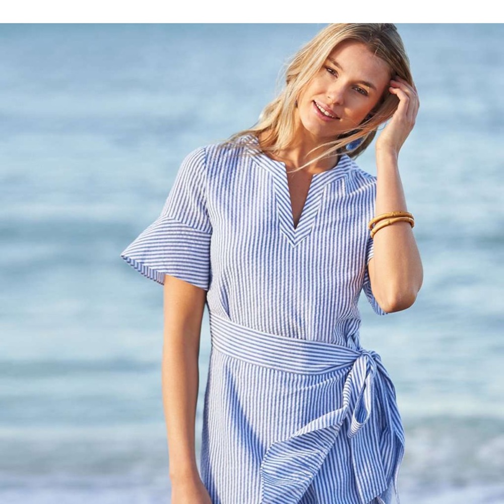 Vineyard Vines Blue Seersucker Ruffle Wrap Dress